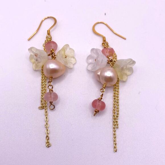 Handmade Flower Drop Earrings Stainless Steel Quartz Beads and Acrylic Flowers - Picture 4 of 4